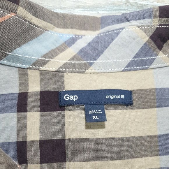 Gap Men XL Short Sleeve Shirt Casual Cotton Blue Brown Plaid Vacation Travel - Picture 6 of 10